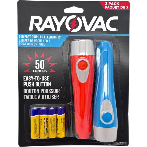 2 Pack Rayovac Comfort Grip LED Flashlights 50 Lumen 15h Runtime Multicolor - Picture 1 of 4